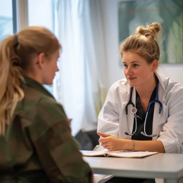 Nurse conducting pre-employment health screening with potential employee-in-a-professional-setting
